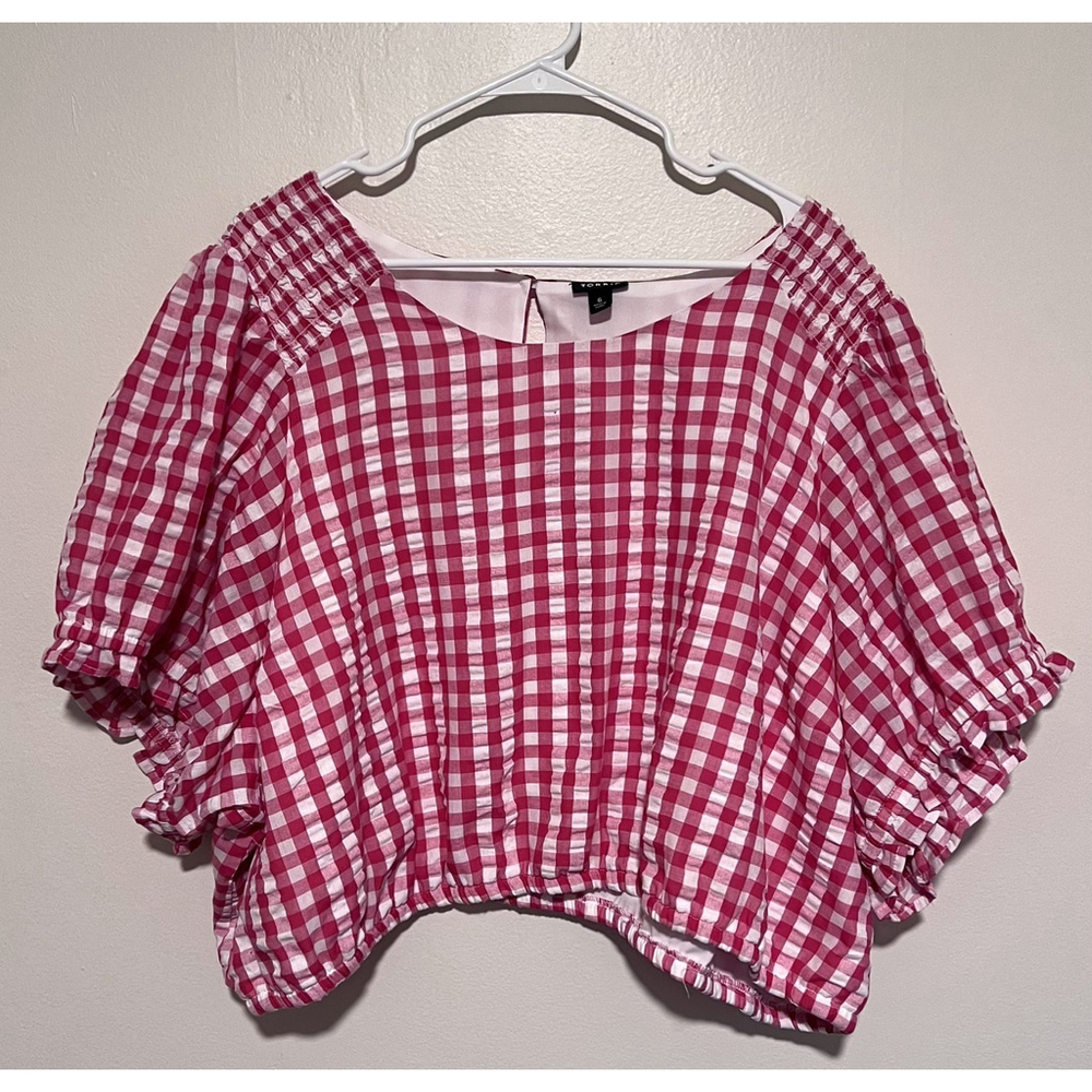 Torrid Cropped Blouse Women’s 6 6X Pink White Gingham Smocked Seersucker Top - Picture 1 of 5